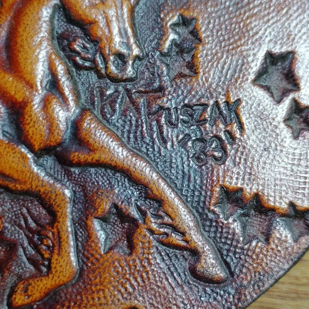 Vintage Leather Unicorn Belt Buckle Oval Carved Margical Mythical SIGNED 1983